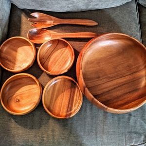 Vintage Monkey Wood Salad Serving 7 Piece Set